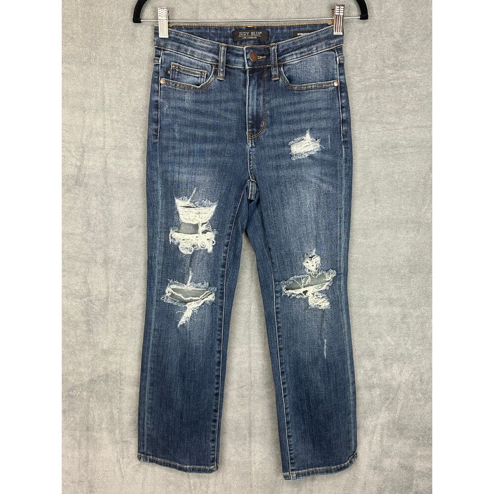 Judy Blue Jeans Womens 3/26 Blue Straight Leg Distressed Stretch Pockets Denim